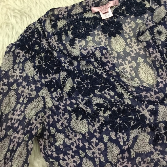 Calypso st. Barth blue silk sheer embroidered floral summer peasant top small - Picture 3 of 6